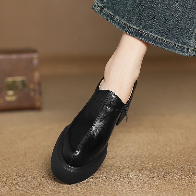 小个子增高8cm~真皮深口单鞋女新款不累脚高跟鞋粗跟厚底鞋小皮鞋