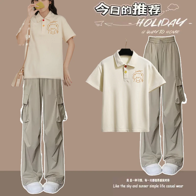 女大童初中生高中生学院风穿搭一整套polo衫短袖T恤工装裤套装夏