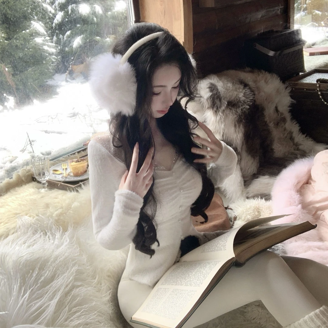 【雅乔定制】心机内搭 网纱闪钻拼接毛绒针织打底上衣DYLL-25106579