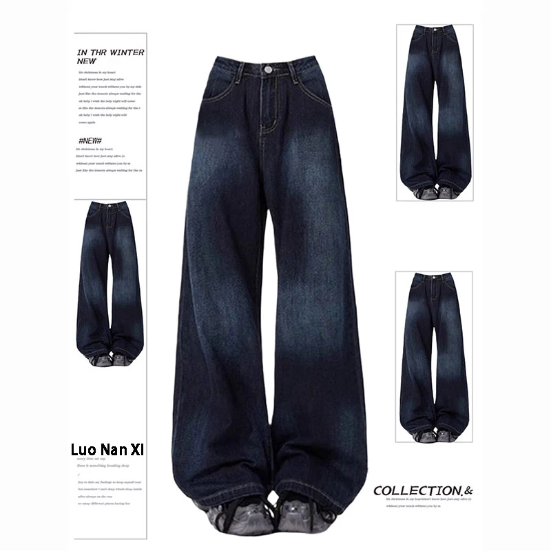 特大码复古高腰直筒牛仔裤女2025秋季新款胖mm遮胯显瘦阔腿长裤子