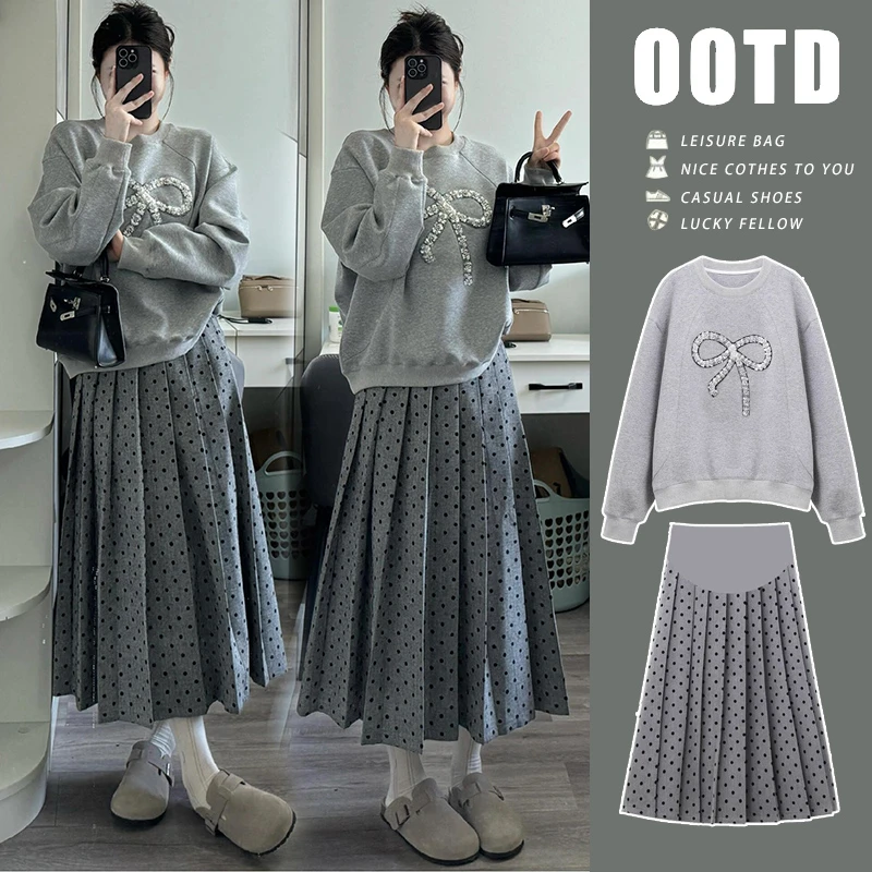 早春卫衣孕妇套装春秋新款撞色圆领蝴蝶结上衣+波点百褶半身裙潮