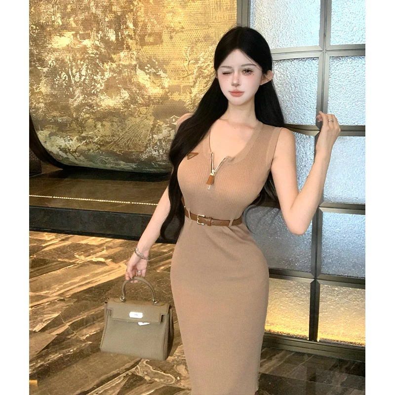纯欲风显气质无袖收腰显胸中长款针织连衣裙女辣妹修身包臀裙