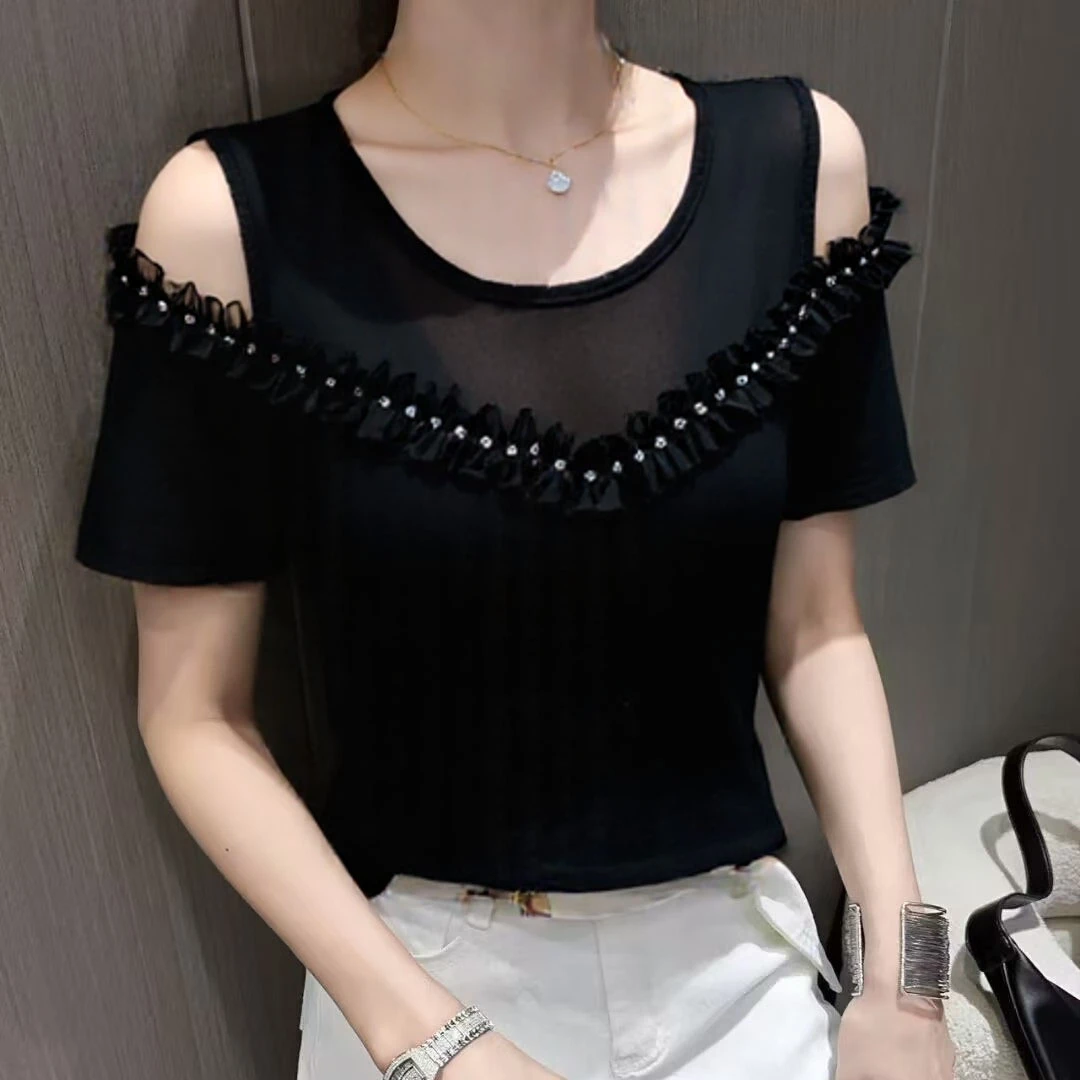 2025年夏季新款露肩T恤短袖设计感网纱拼接花边上衣气质欧货小衫