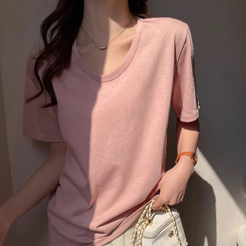 纯色V领短袖T恤女2025新款内搭打底衫夏季外穿慵懒风宽松显瘦上衣