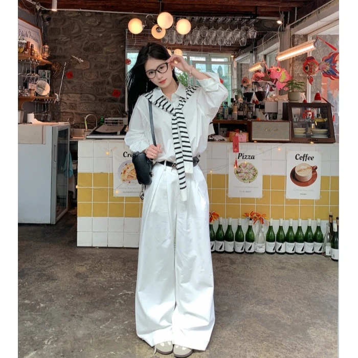 白色Polo领长袖衬衫上衣女韩系套装春季宽松高腰直筒裤休闲两件套
