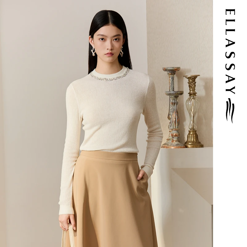 ELLASSAY歌力思2025秋季新款半环领珠饰圆领针织衫女EWU3601000