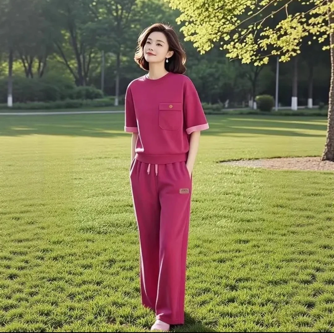 2025年新款外穿夏季新款高级感撞色玫红色显白显瘦两件套装972