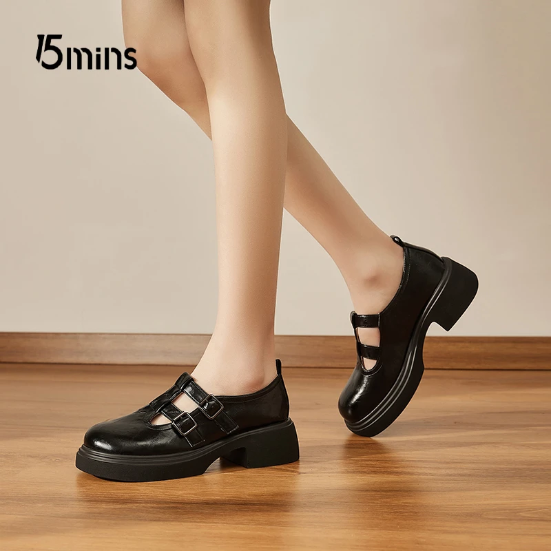 15MINS/15分钟英伦风玛丽珍鞋女JK小皮鞋厚底增高乐福鞋软底单鞋