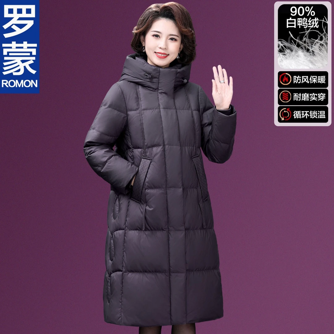 罗蒙品牌妈妈冬装洋气过膝羽绒服新款中老年人女冬季保暖加厚外套