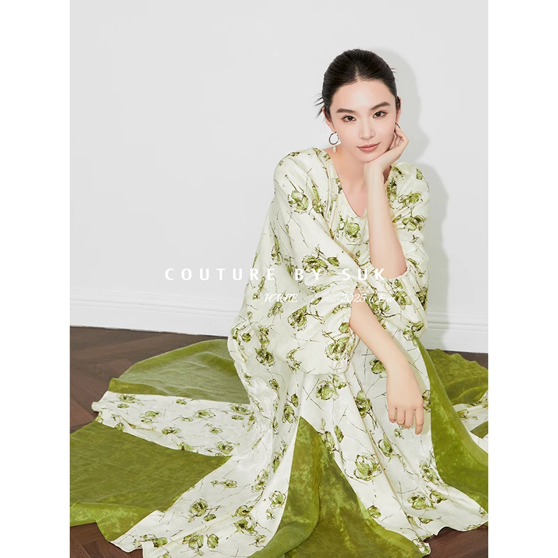 SUK【绿野仙踪】夏季新款印花拼接裙摆设计圆领宽松连衣裙女SK5260