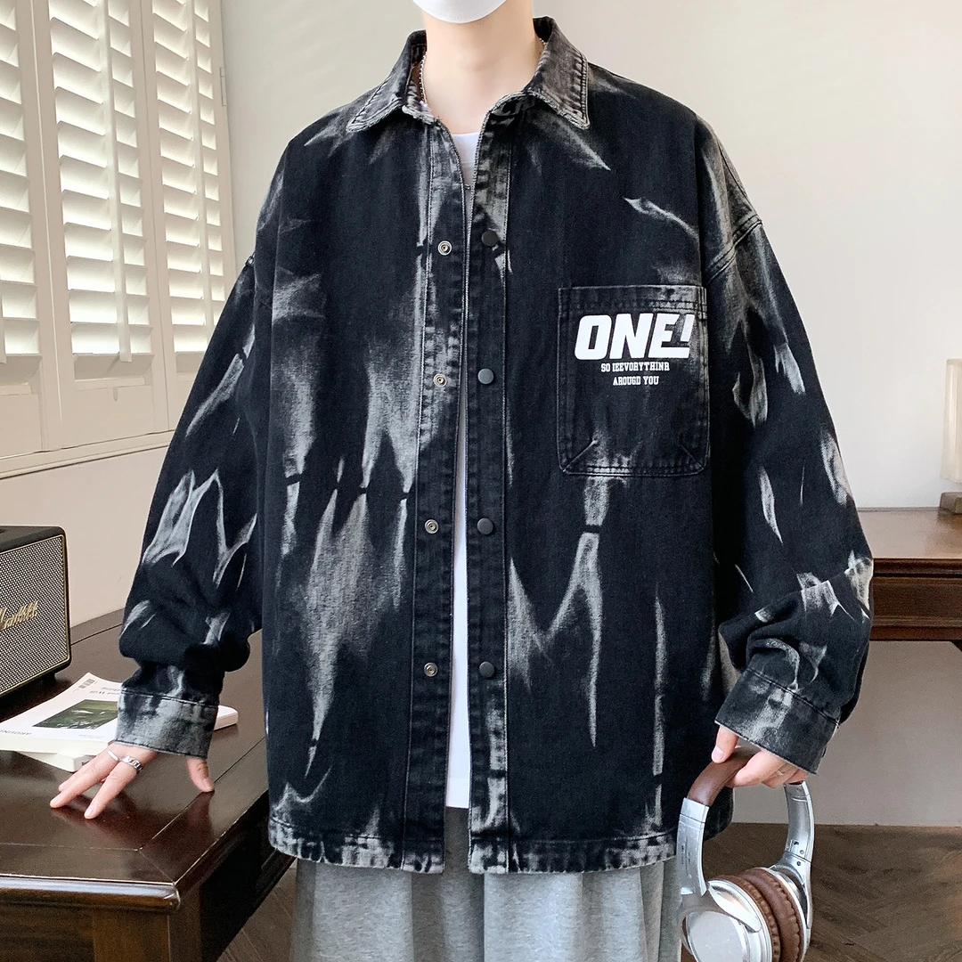 青少年新款牛仔外套潮流百搭学生扎染春秋宽松休闲夹克上衣男装