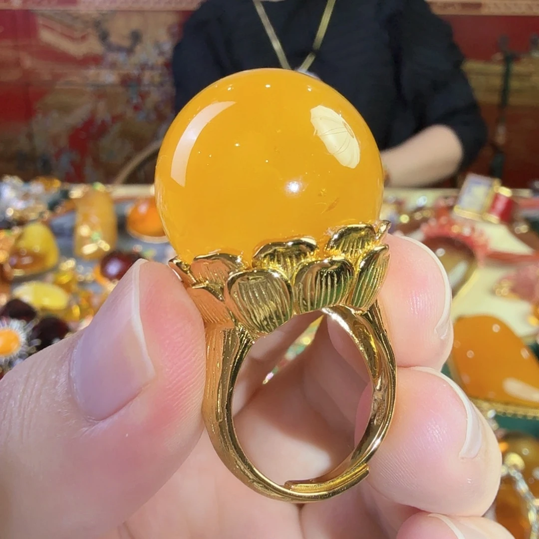 蜜蜡银S925镀金镶嵌戒指