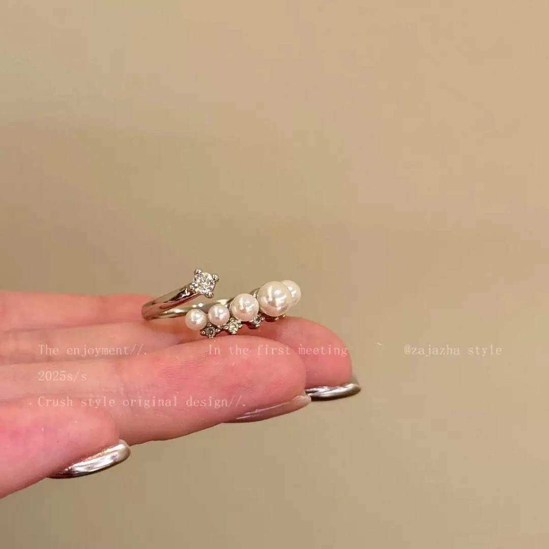 铜合金仿珍珠戒指 1107繁星珠芒!法式开口戒指女生轻奢百搭戒指