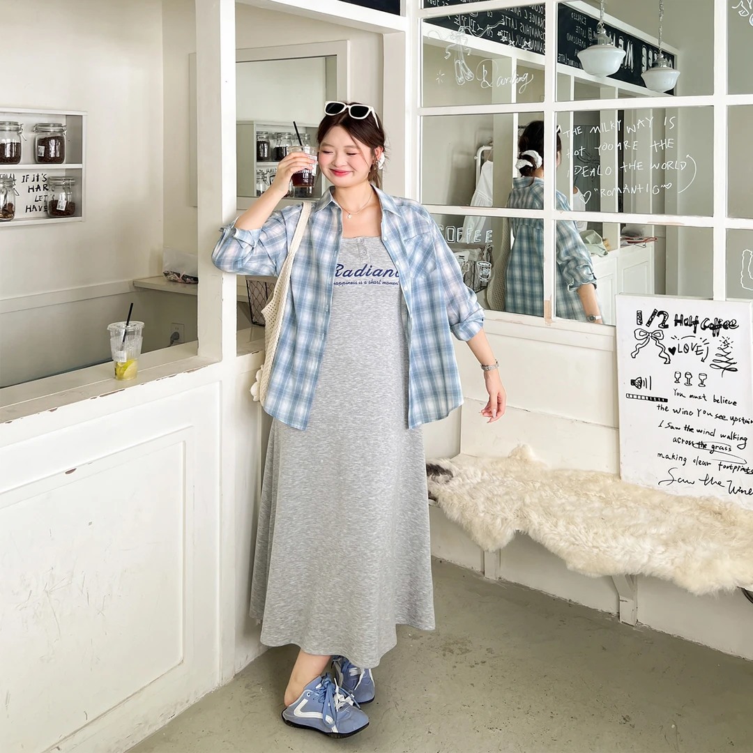【秋季新款】 大码百分百秋季韩系休闲格纹衬衫字母吊带裙套装1752