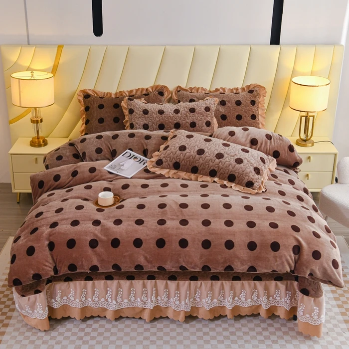 2024新款韩式A+秋冬加厚保暖双面牛奶绒荷叶边床盖四件套公主风