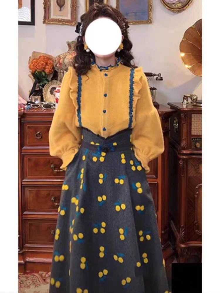 [运补6]673-1#名媛千金穿搭套装厚款衬衫高腰绣花半身裙两件套