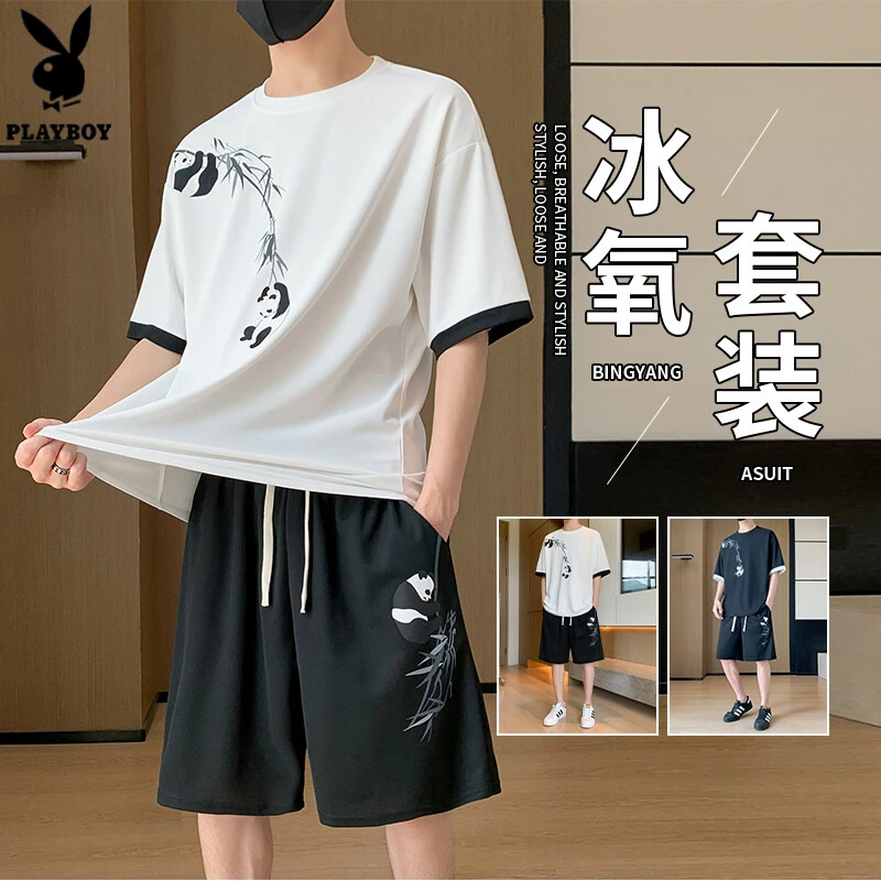 花花公子大码套装男潮牌休闲运动短袖短裤男装一套搭配帅气衣服