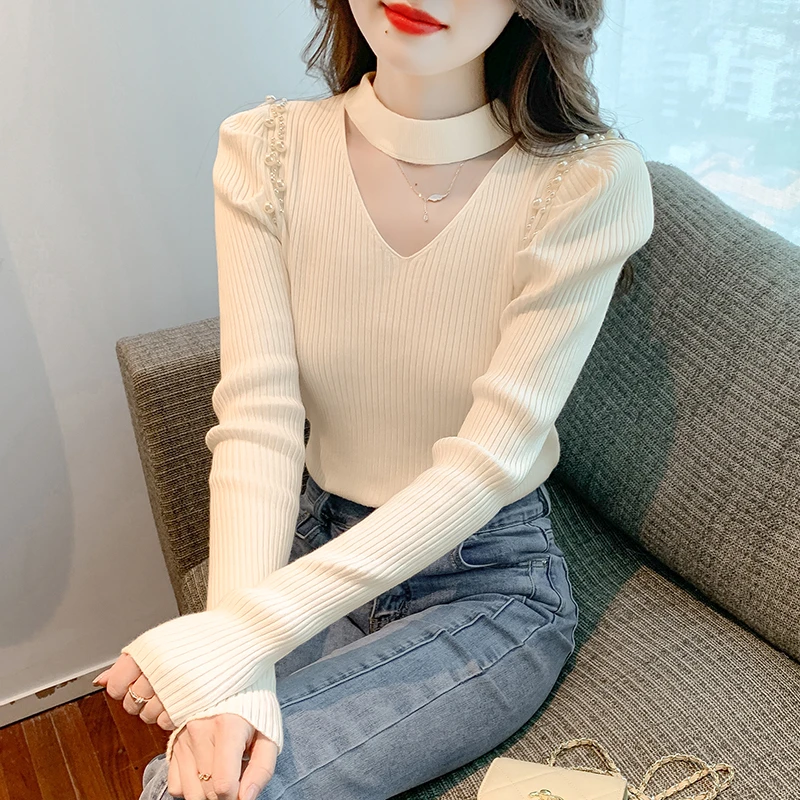 钉珠半高领针织衫打底衫女秋冬2025新款镂空显瘦内搭上衣挂脖毛衣