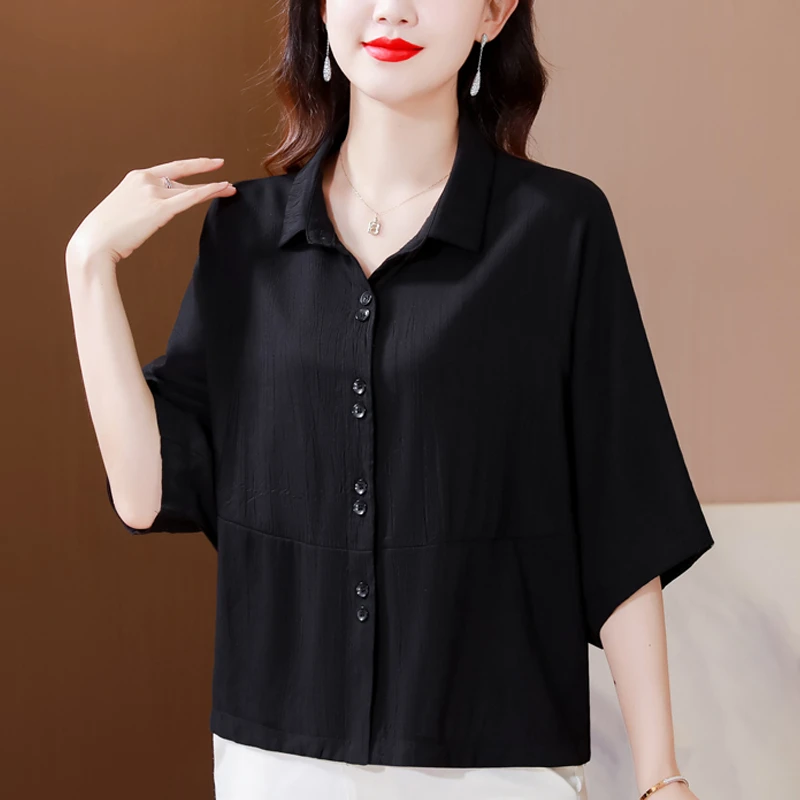 2025年夏季新款衬衣女五分蝙蝠袖小衫休闲简约纯色妈妈装上衣衬衫