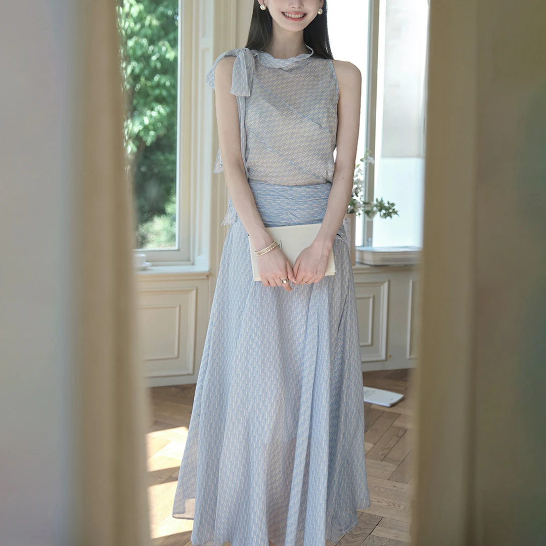 俏佳人灵动飘逸人丝乔其无袖上衣/A字半身裙套装女两件套气质女装