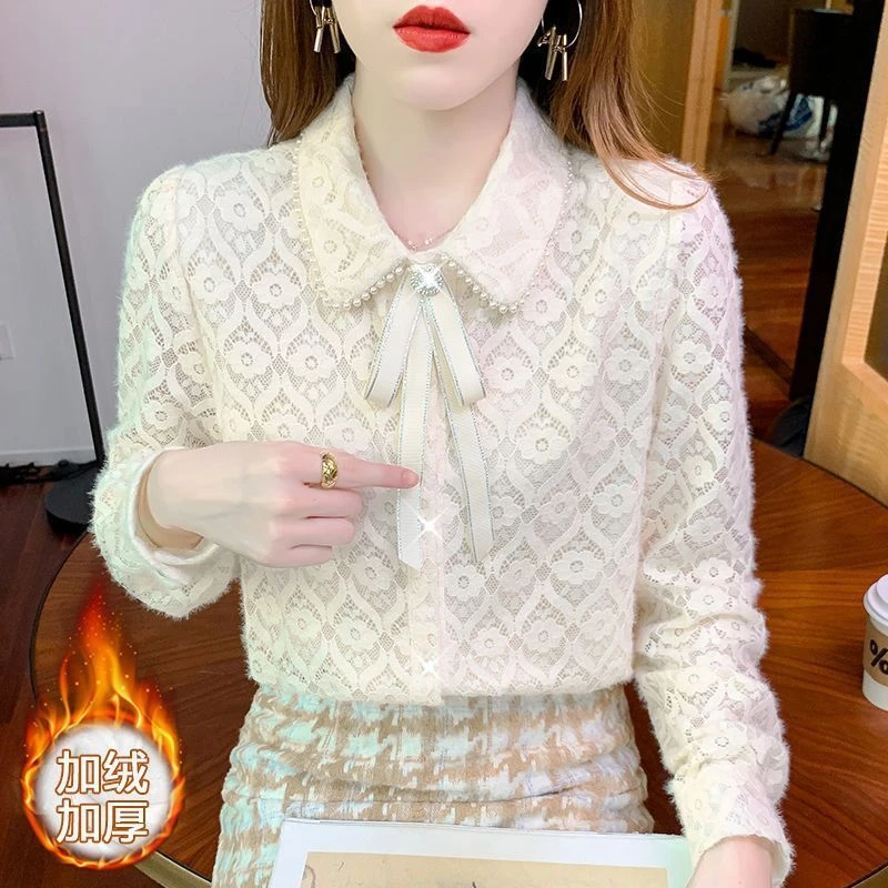 加绒加厚秋冬装蕾丝衫女衬衫时尚气质减龄打底衫修身洋气内搭上衣
