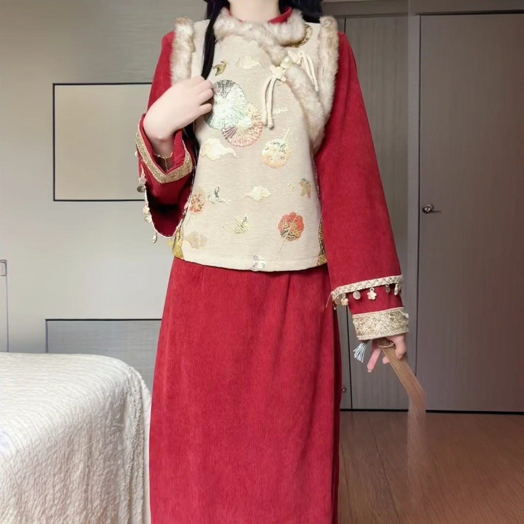 2025年新款秋冬季马甲旗袍复古改良民国风少女加厚红色长裙两件套