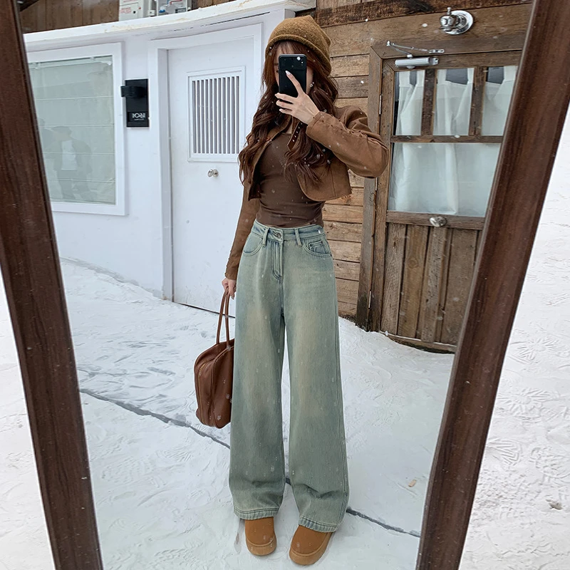加绒加厚窄版阔腿牛仔裤女宽松秋冬2025新款怀旧复古直筒拖地裤子