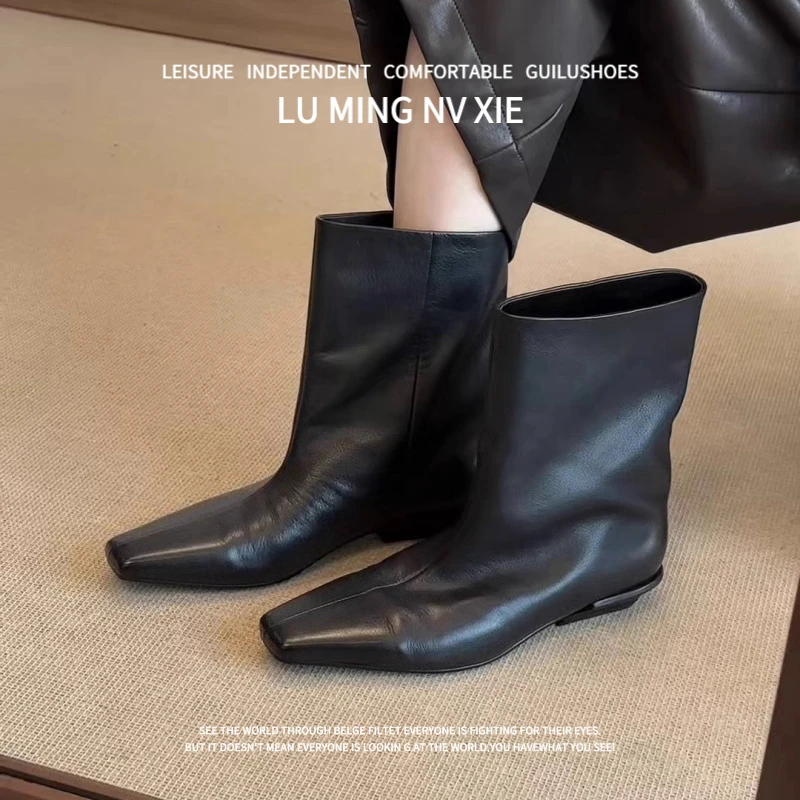 羊皮版~2025秋冬新款方头瘦瘦靴套筒时装靴异形跟显瘦短筒马丁靴