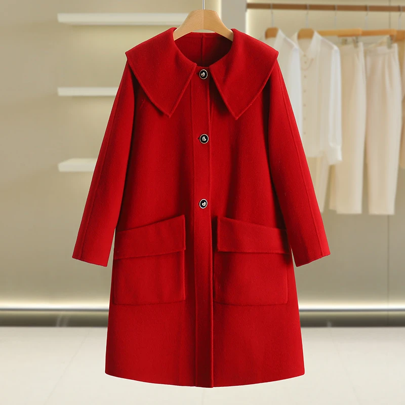 【伍莎-自营】中长款宽松纯色娃娃领百搭双面呢外套#RXZ48B021
