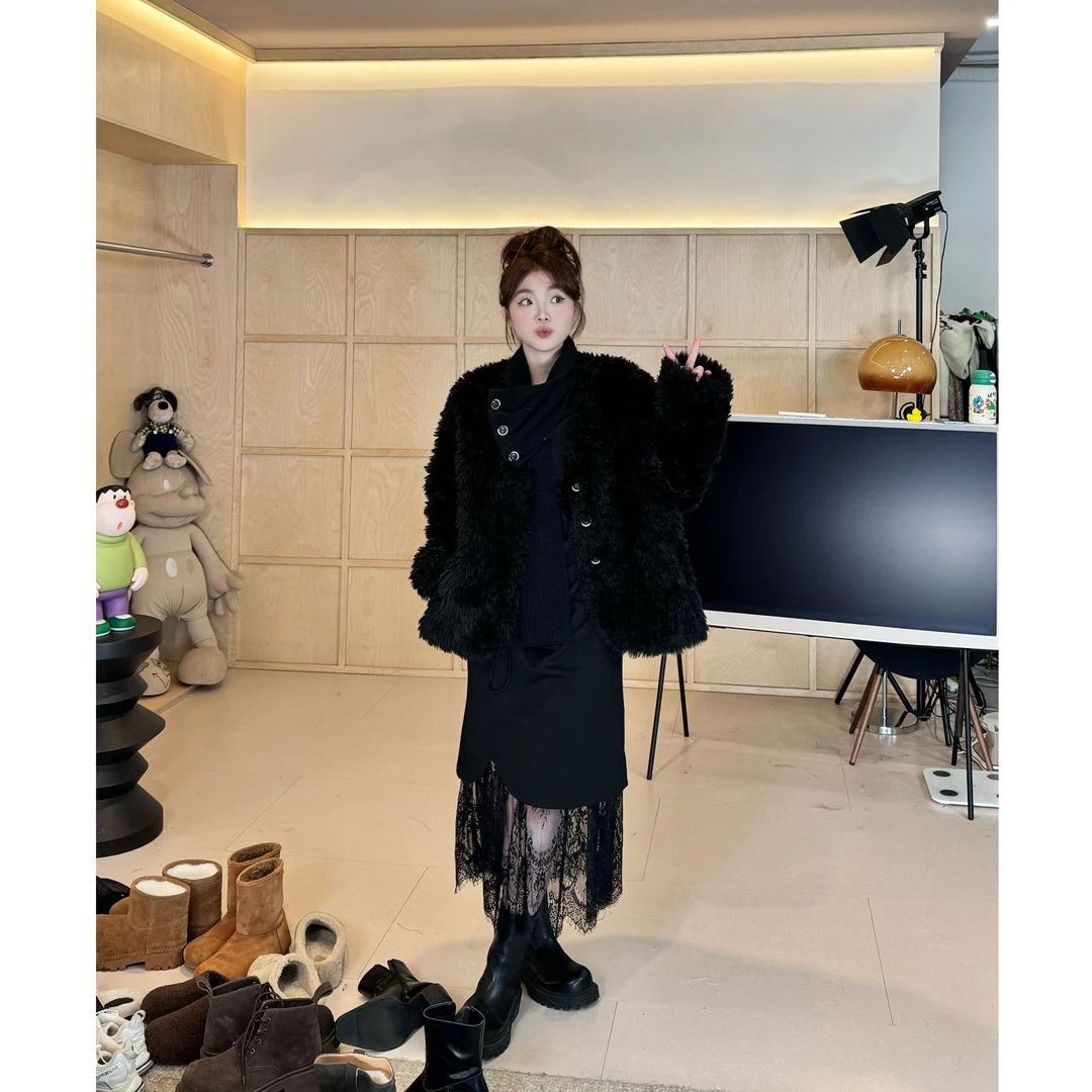 【黑曜千金！】韩版宽松圈圈毛自带围巾宽松厚气质外套