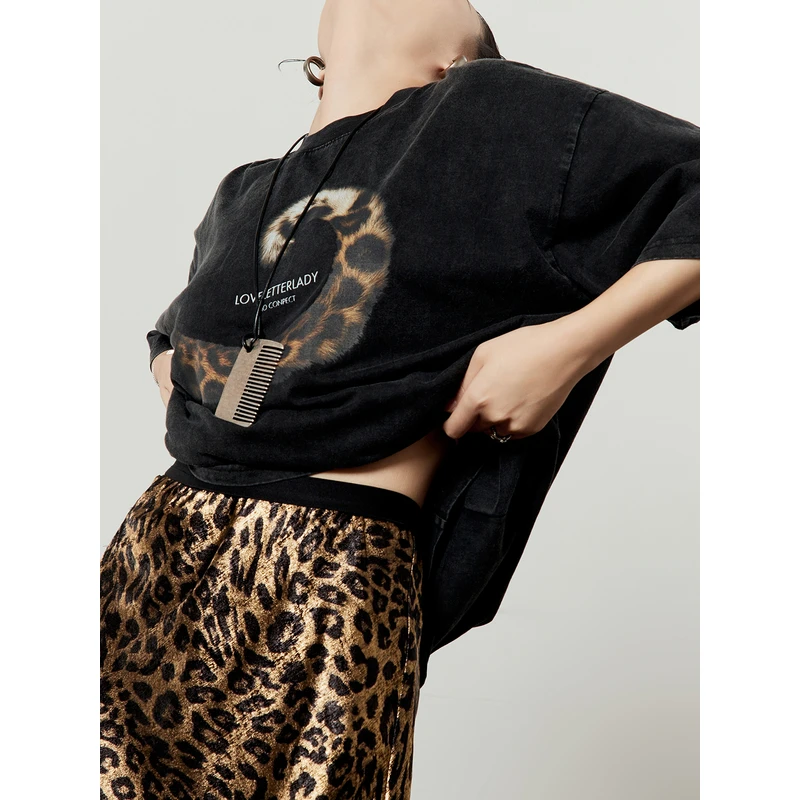 豹纹半身裙2025新款百搭显瘦松紧腰抗皱烫金气质a字短裙女