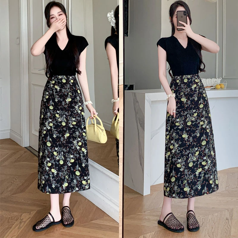 【夏央工厂店】全里衬夏季新款薄印花后开叉半身裙 #6667-1