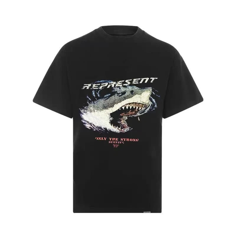Represent 2023SS 鲨鱼 男女短袖 240克 白墨印花