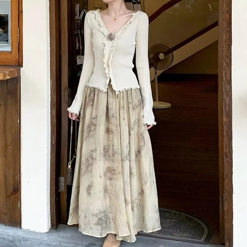 2024新款女装水墨古风高腰半身裙设计感小众新中式禅意侘寂大摆裙