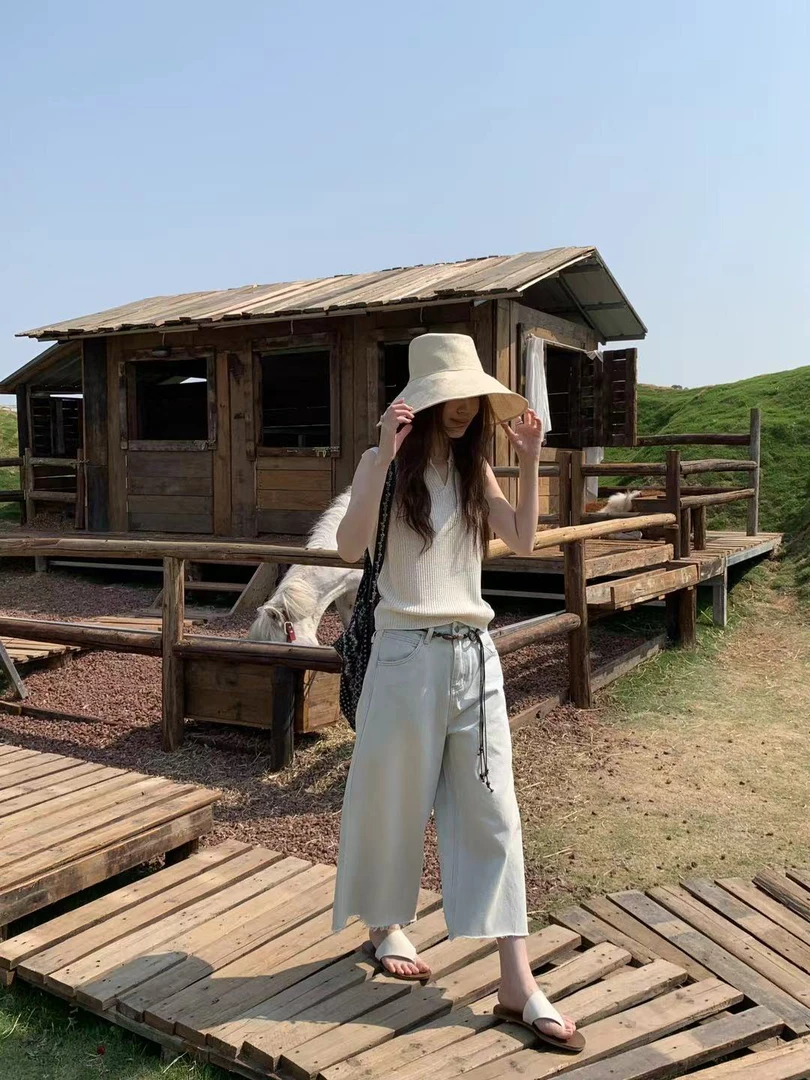 abow@1021 韩系百搭高腰显瘦直筒七分牛仔裤（裤长83）5-7