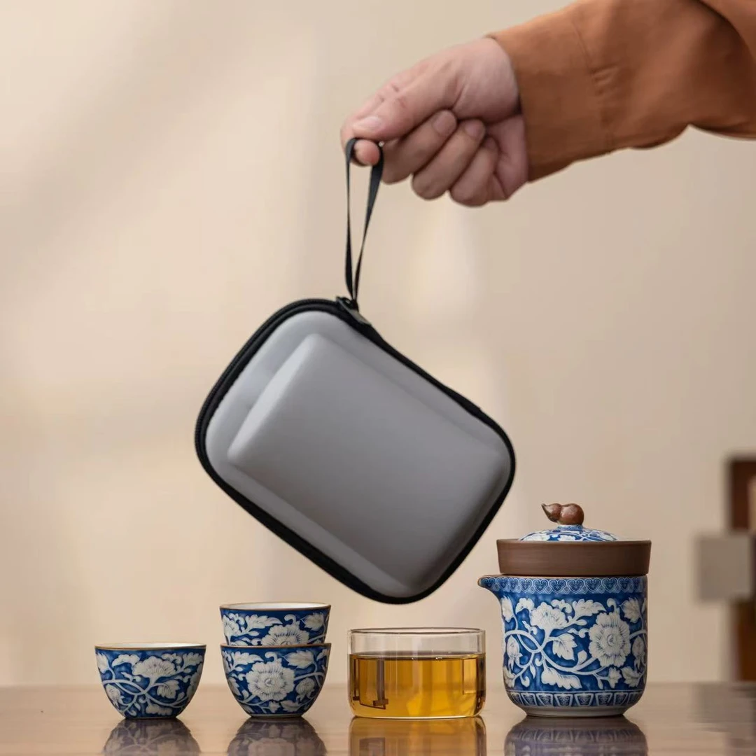青花 亦言堂一壶三杯户外便携式家用旅行茶具102