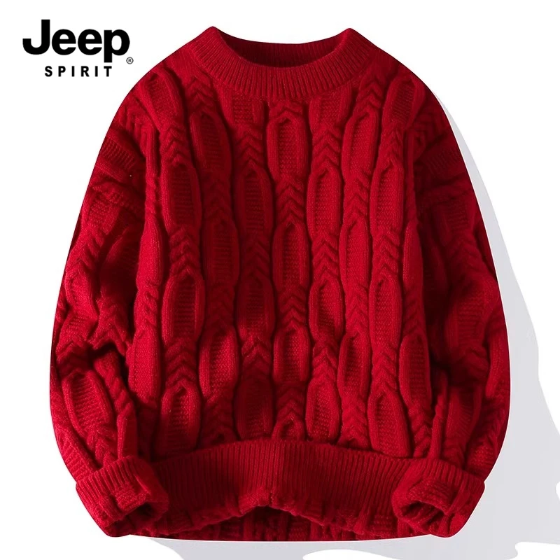 吉普圆领毛衣男春秋新款针织打底衫冬季加绒加厚潮流情侣红色线衣