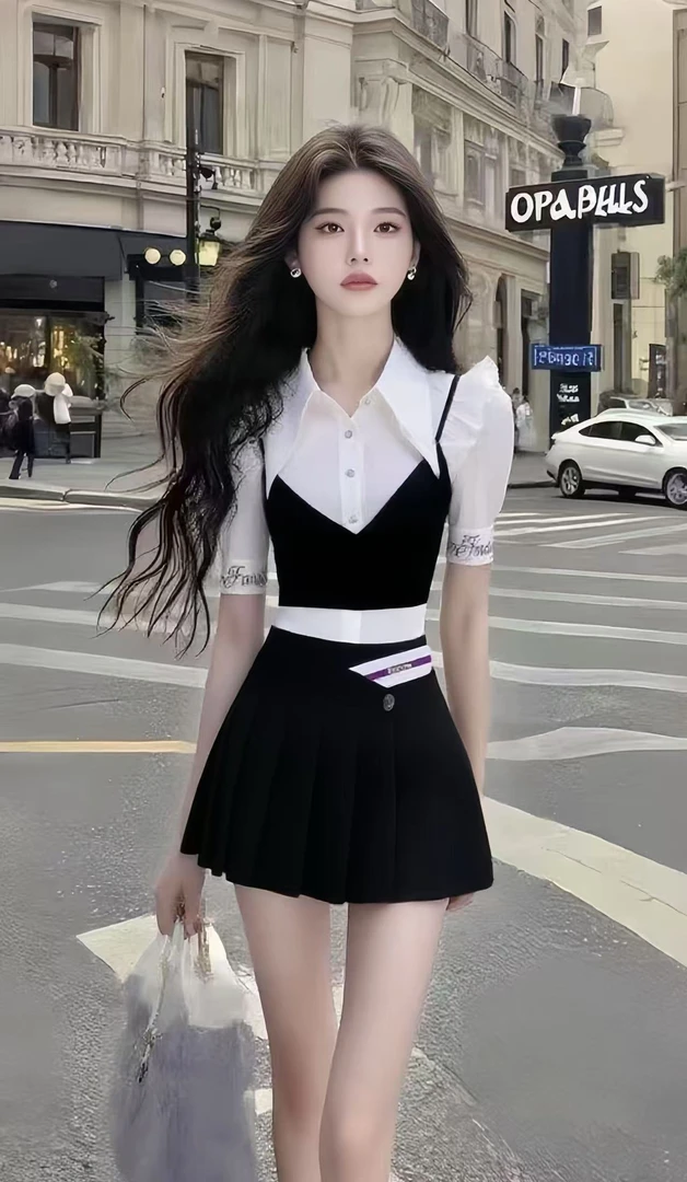 夏季新款别致设计感修身短袖衬衫+黑色百搭显瘦半裙女氛围感穿搭