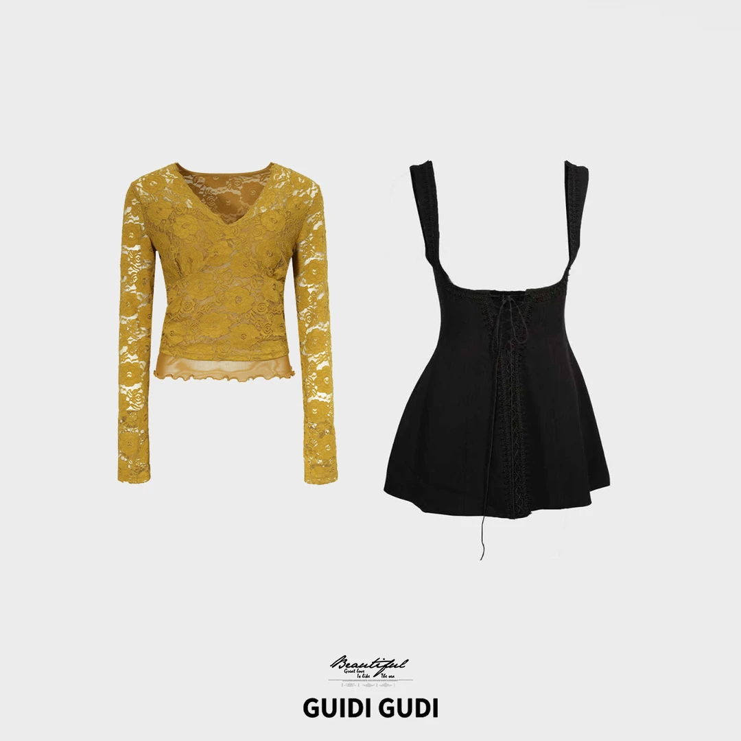 GUIDI GUDI【优雅亭亭】修身长袖T恤连衣裙两件套/黄加蓝