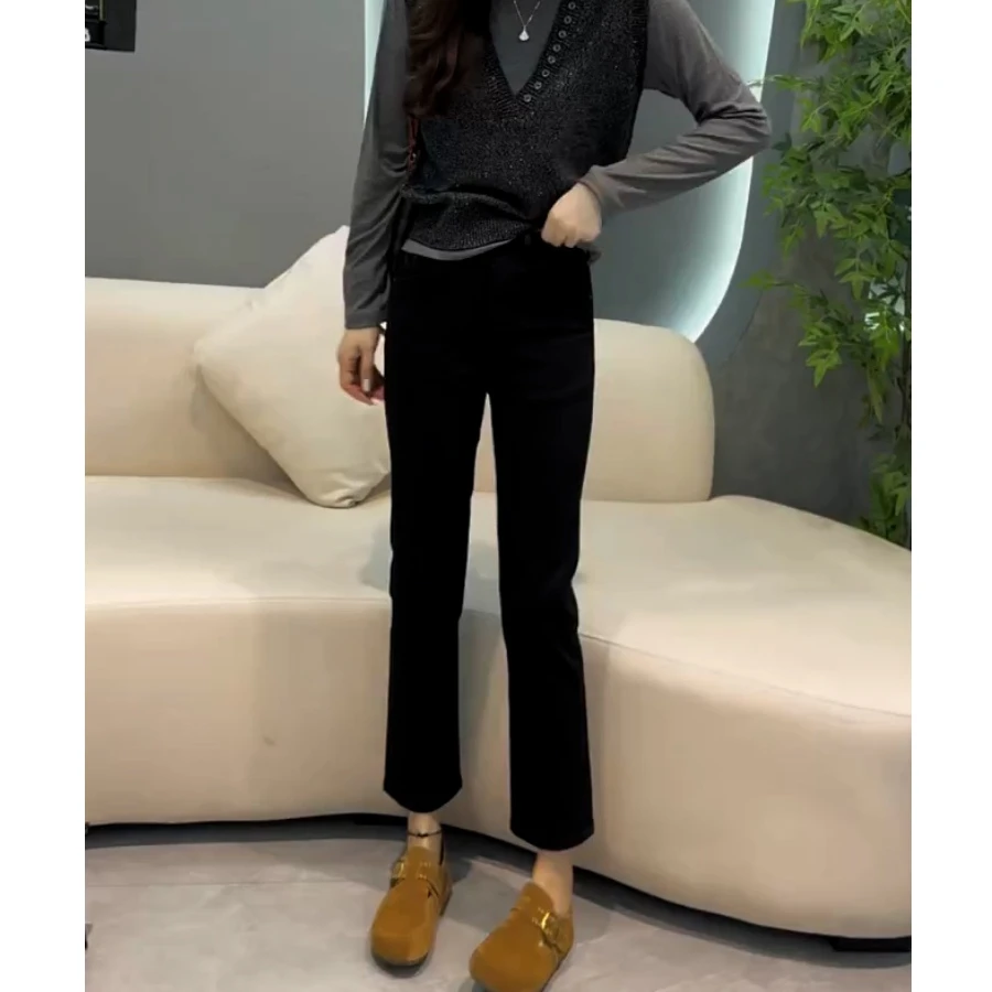 黑色直筒牛仔裤女小个子2025年秋季新款大码高腰显瘦九分烟管裤子