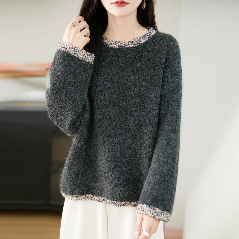 品牌女装正品秋冬新款软糯特种纱花边女士毛针织衫宽松套头毛衣