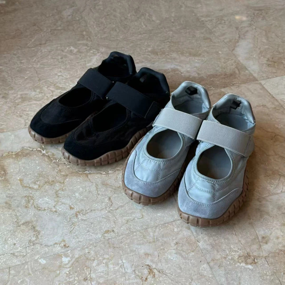 MYL 2025夏季新品牛京皮拼进口布平底鞋魔术贴饼干鞋圆头时尚女鞋