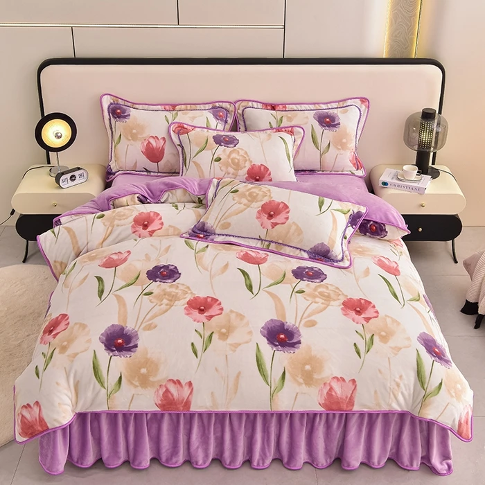 加厚保暖8-9斤牛奶绒四件套双面加绒床裙款冬季防寒床上用品