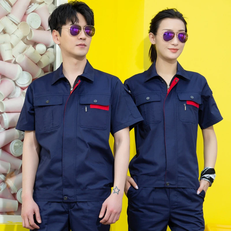 夏季短袖工作服套装男薄款耐磨劳保汽修厂服上衣机电工广州工装