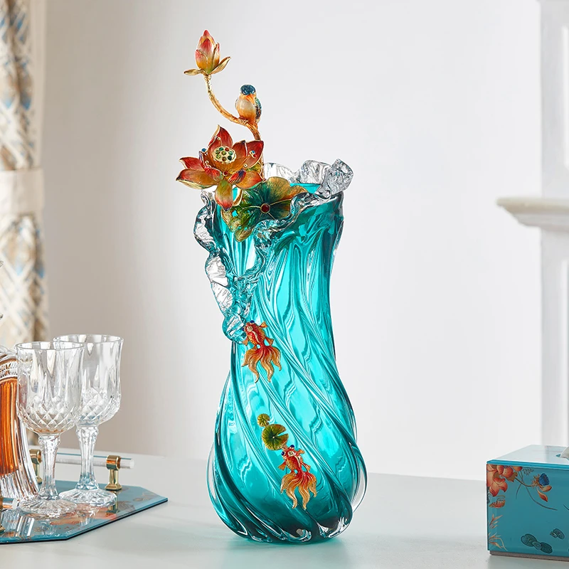 现代轻奢琉璃花瓶创意装饰摆件手工高档新中式玄关书房欧式摆设