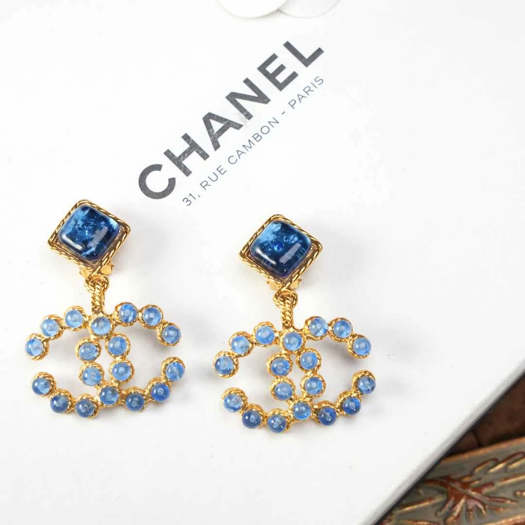 95新 Chanel/香奈儿 柚礼中古/香奈儿蓝琉璃双c耳夹cq510018