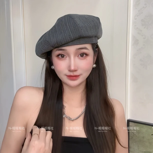 新款早秋贝雷帽黑色百搭女复古港风八角贝雷条纹日系帽子时尚韩版