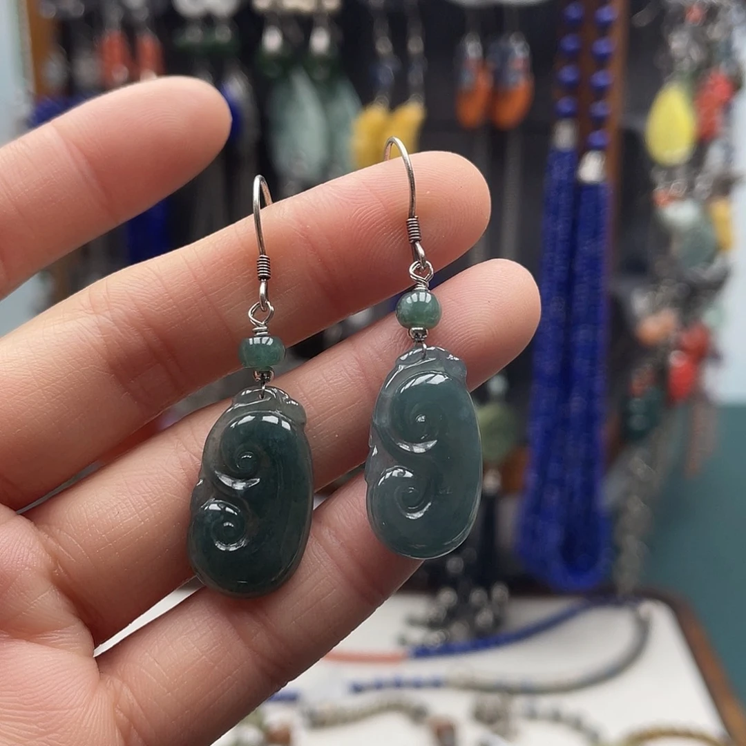 翡翠耳饰银S925镶嵌饰品