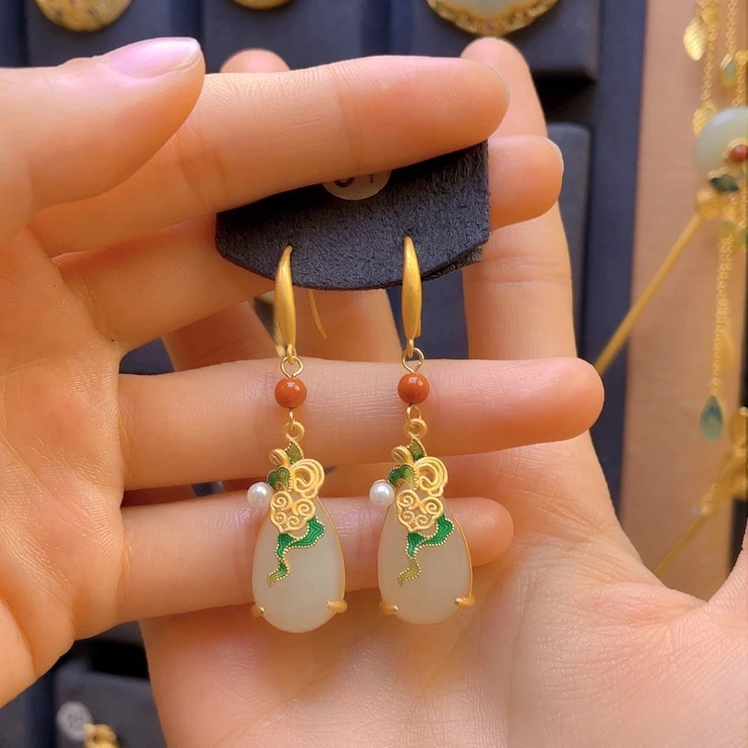 和田玉耳饰银S925镀金镶嵌