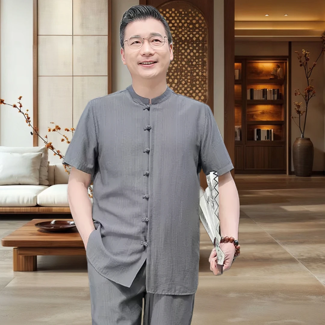 中老年男装夏季新中式套装爸爸夏装冰丝透气中山装爷爷中国风唐装